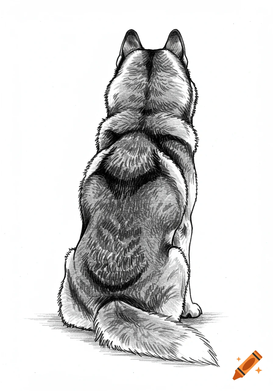 Black and white sketch of a Siberian husky sitting, viewed from the rear, on a white background.