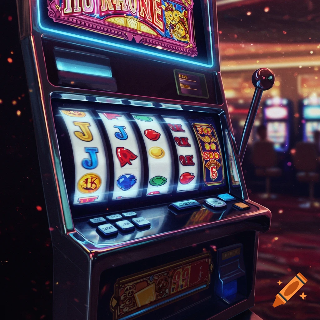 A detailed, vibrant neon slot machine with glowing lights and spinning reels in a dimly lit casino, with bokeh effects.