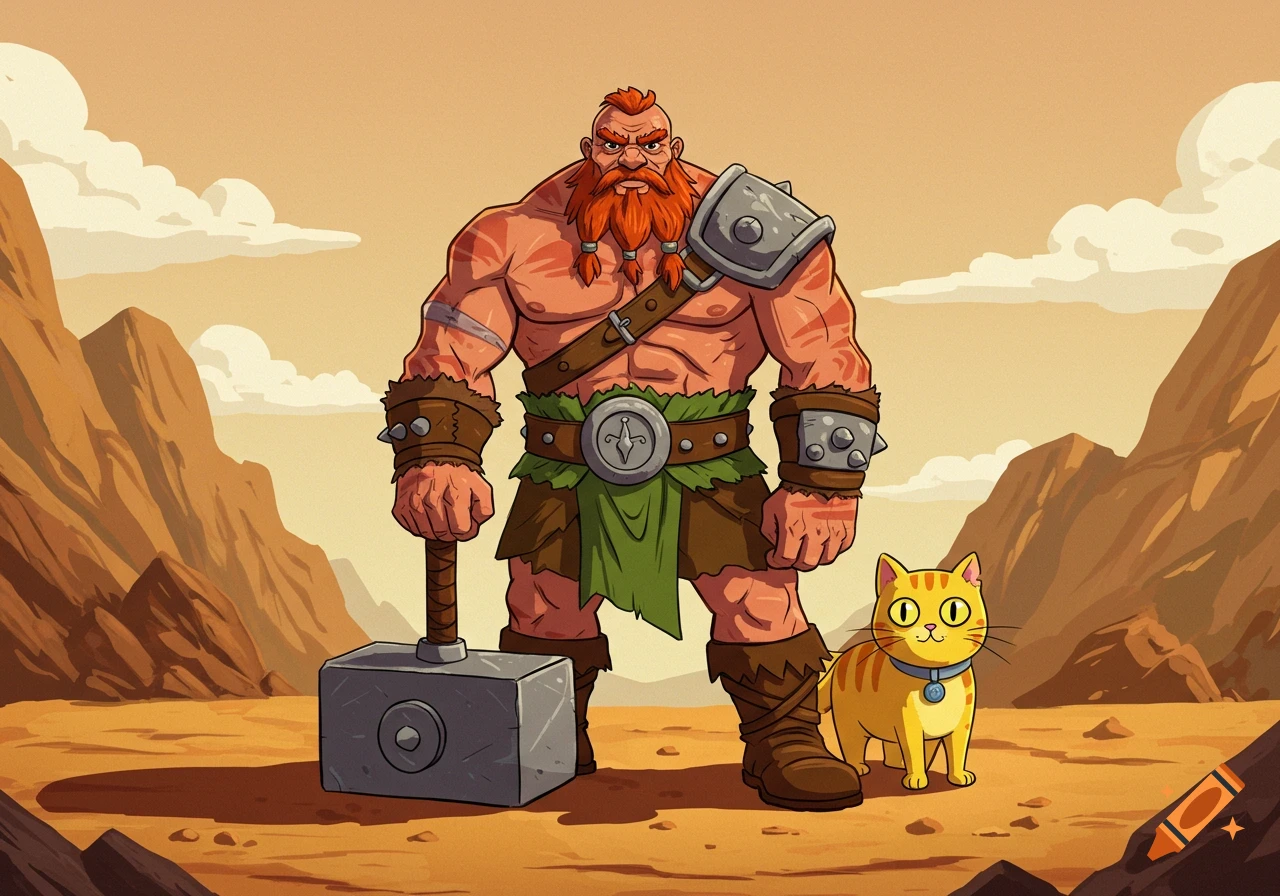 Cartoon barbarian with a red beard and hammer, standing next to a yellow cat in a desert.