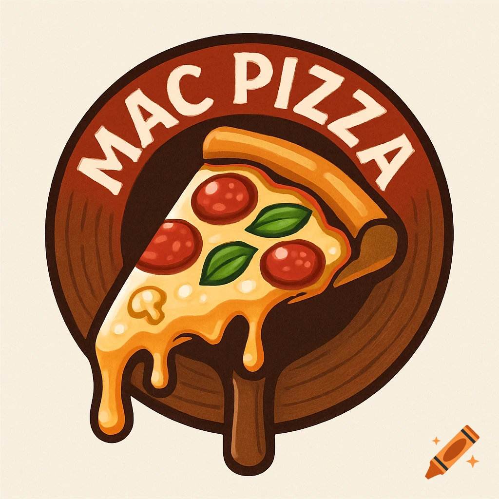 A graphic design logo for 'MAC PIZZA' with a slice of pizza, pepperoni, basil, and dripping cheese on a brown circle.