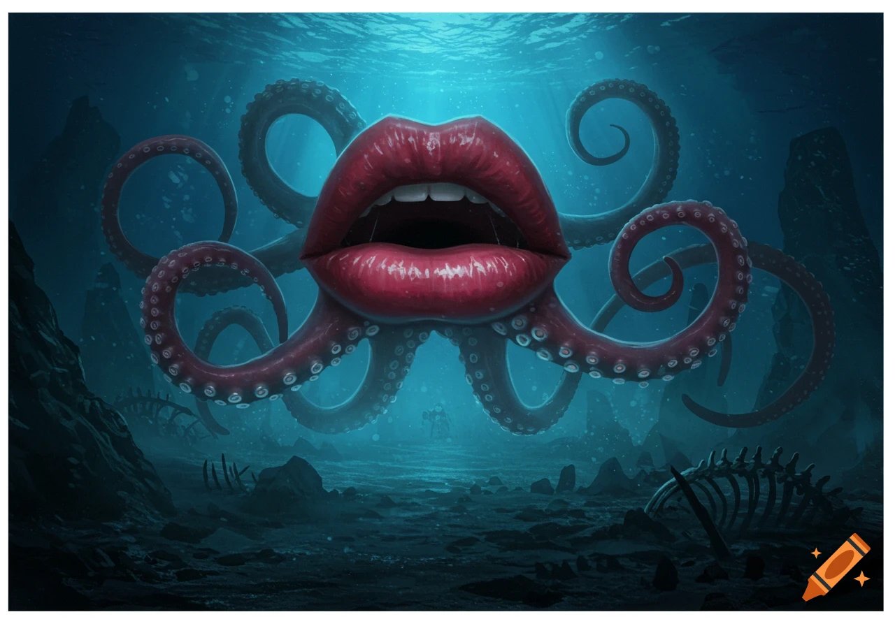 A surreal underwater scene featuring a monster with large red lips and pink tentacles.