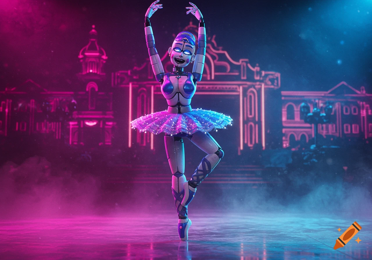 A robot ballerina in a sparkling blue tutu poses on a stage, illuminated by pink and blue neon lights with stylized buildings behind her.