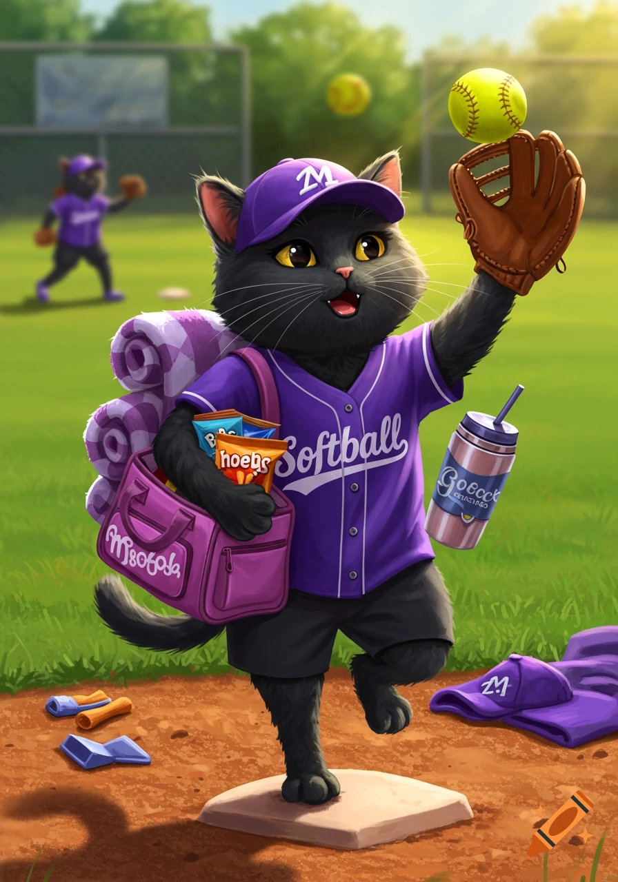 A happy, disheveled cartoon black cat in a purple softball jersey and cap attempts to catch a softball while laden with a pink bag, snacks, and a tumbler, on a sunny green field.