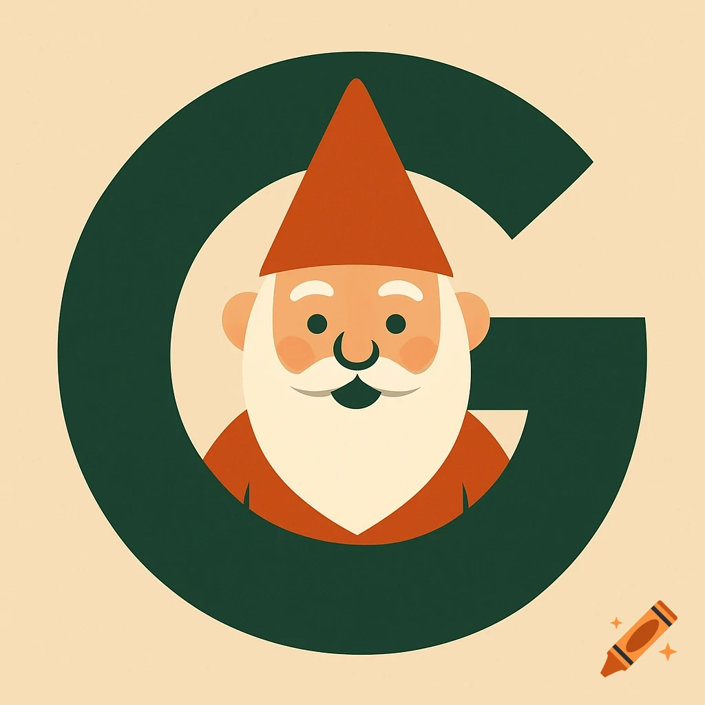 A flat-style illustration of a garden gnome with a red hat and white beard, centered within a large dark green letter G.