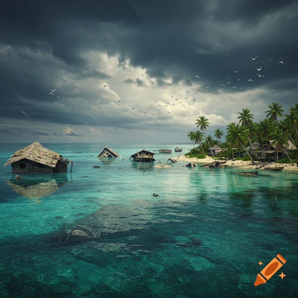 Photorealistic image of a flooded tropical island village with partially submerged wooden houses under a stormy sky, birds flying.