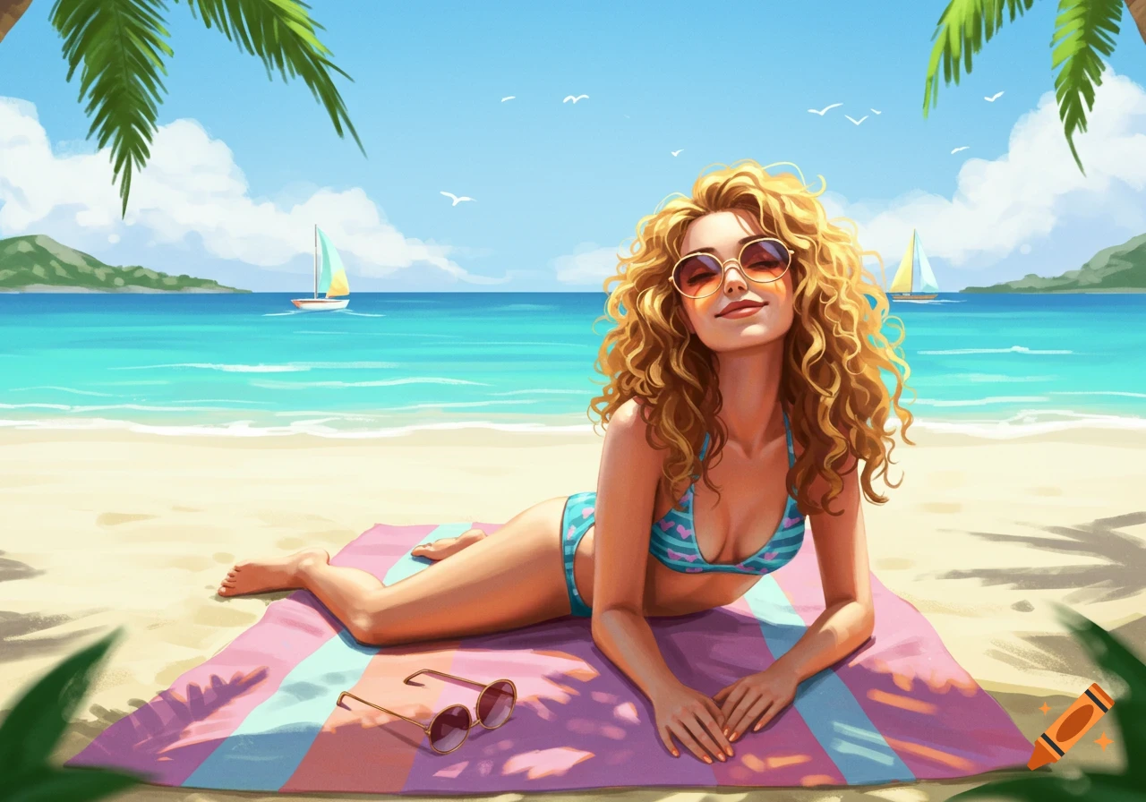 An illustration of a woman with curly hair and sunglasses sunbathing on a striped towel on a sandy beach with the ocean and sailboats in the background.