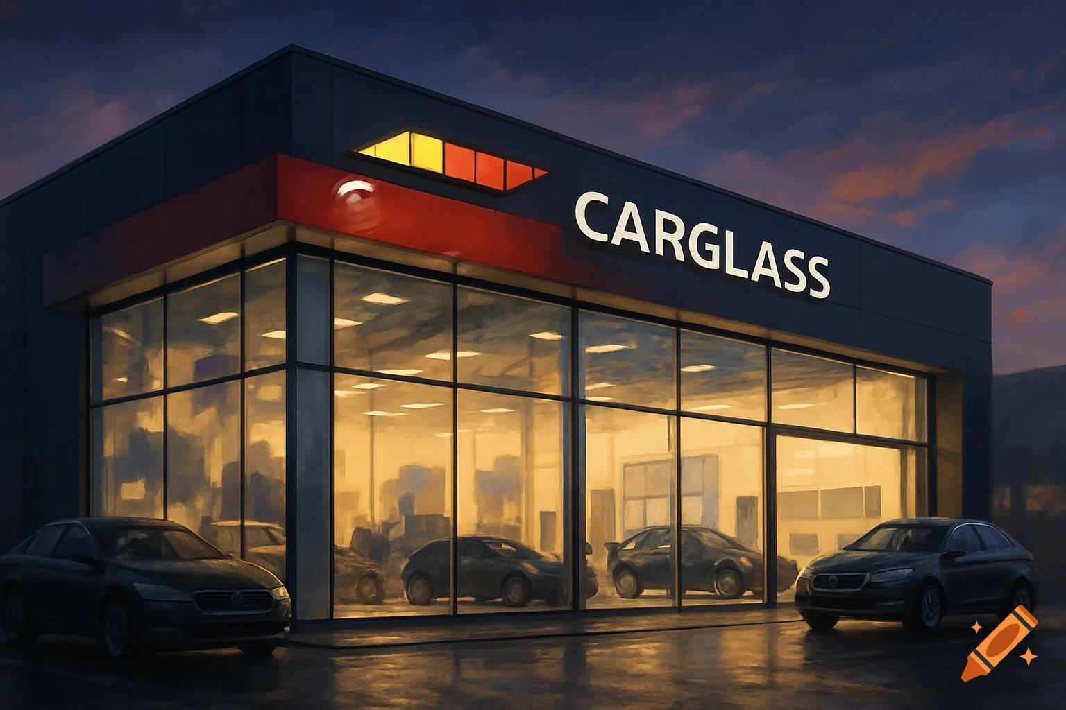 A modern Carglass auto repair shop at night, with an illuminated interior and cars parked outside under a dark, cloudy sky.