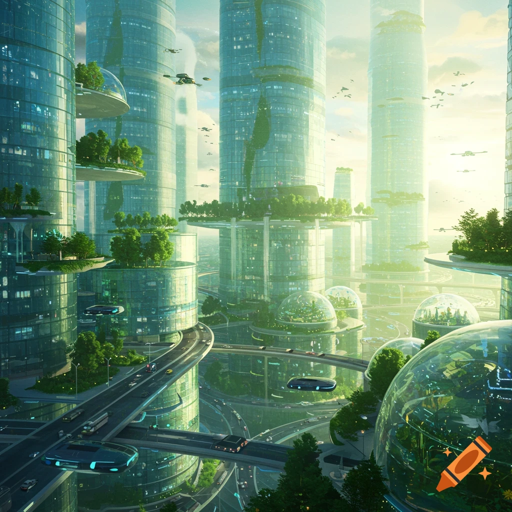 A bright, lush futuristic city with towering green skyscrapers, elevated roads, flying vehicles, and bio-domes under a clear sky.