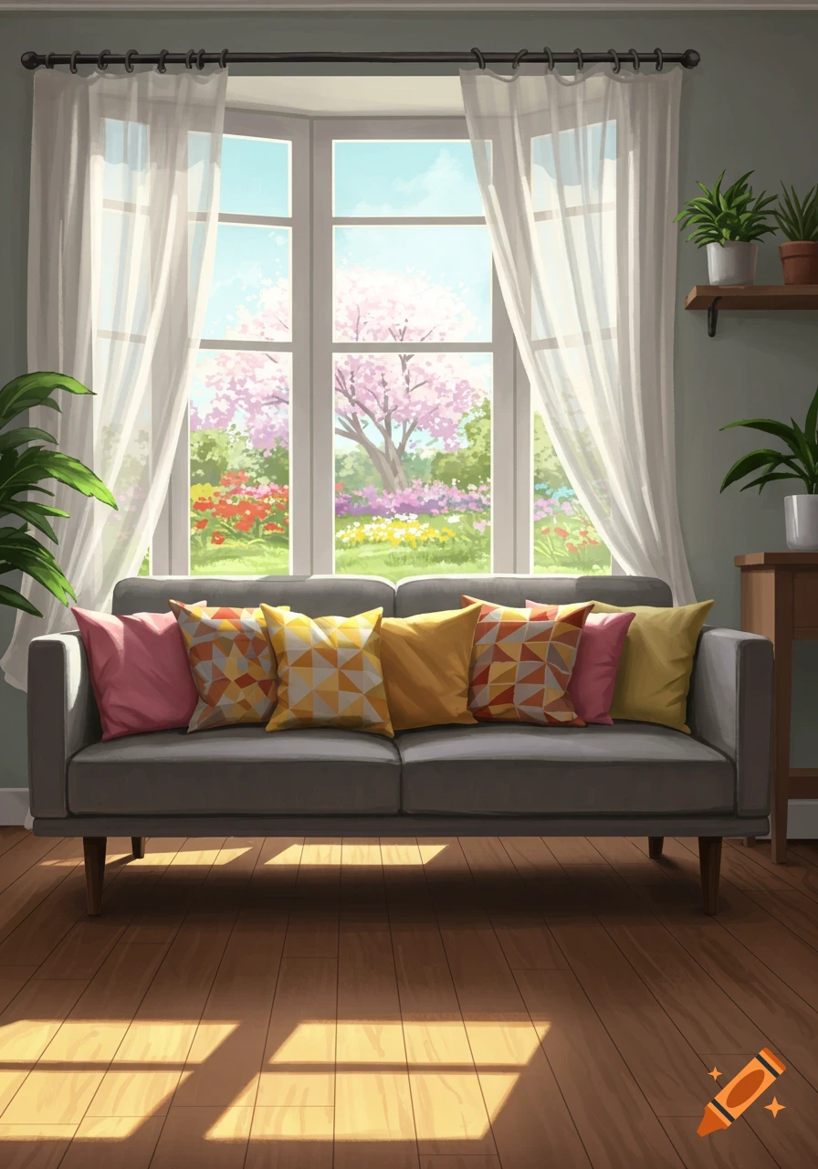 Illustrated living room with a gray couch and colorful pillows by a bay window overlooking a vibrant garden. Sunlight streams onto the wooden floor.
