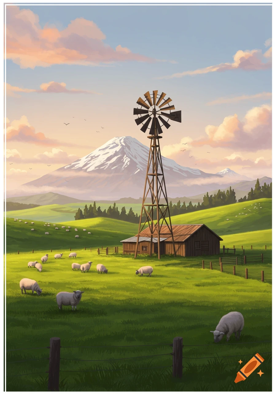 A stylized illustration of a farm with a windmill, barn, grazing sheep, and a snowy mountain under a colorful sky.