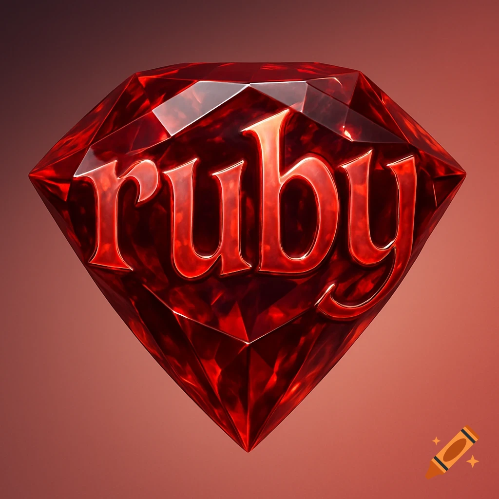 A brilliant red ruby gemstone with the word 'ruby' intricately carved or embedded into its facets, set against a gradient red background.