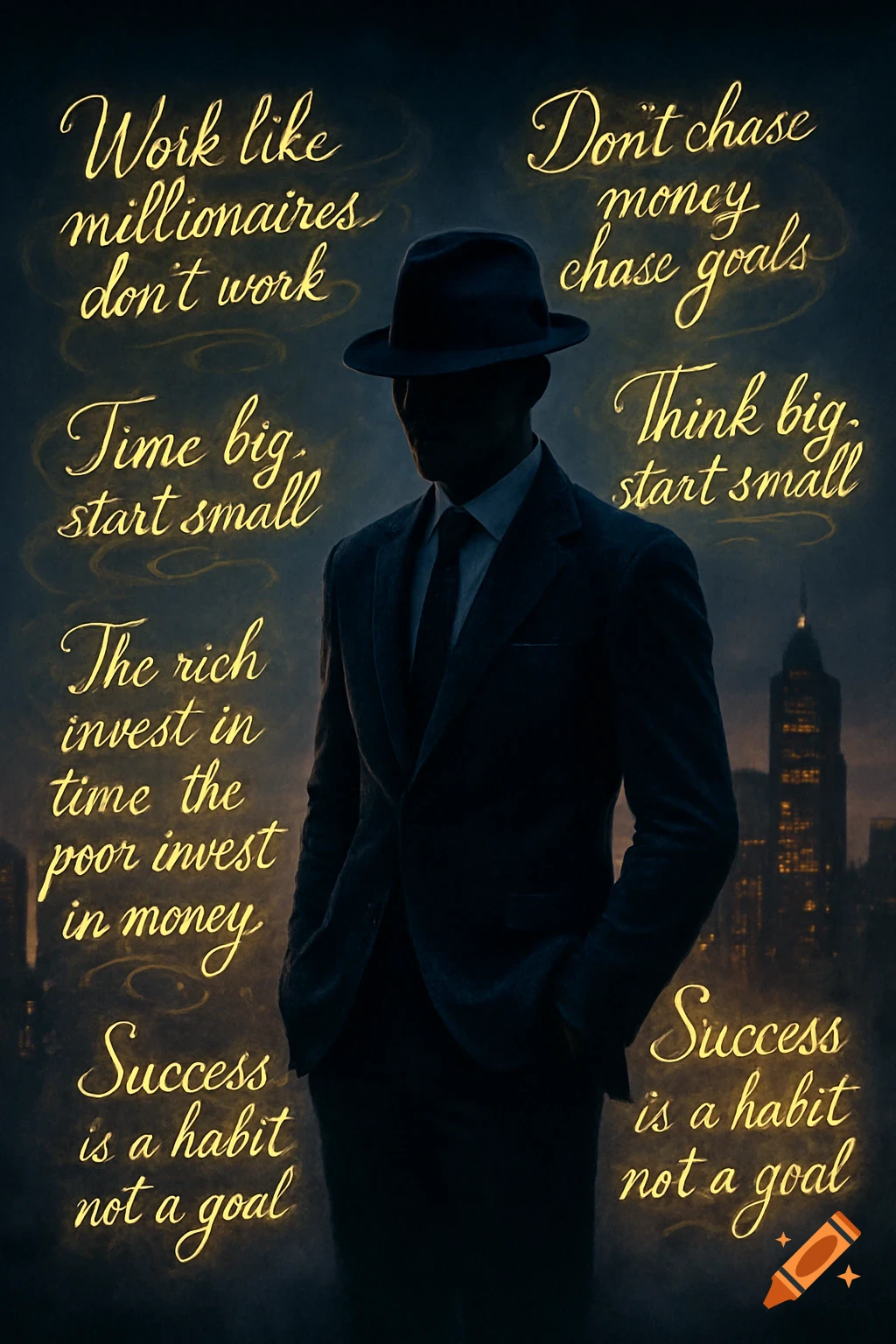 Silhouette of a man in a fedora and suit against a dark city, surrounded by glowing motivational quotes.