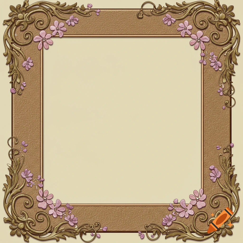 An ornate golden and brown decorative frame with pink flowers in the corners.