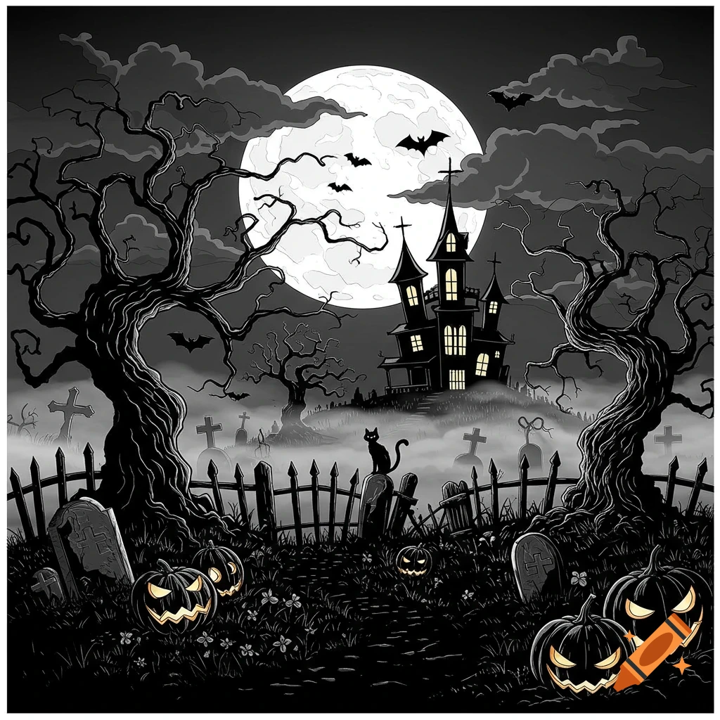 Black and white Halloween illustration of a haunted house, full moon, bare trees, graveyard, glowing jack-o'-lanterns, and a black cat.