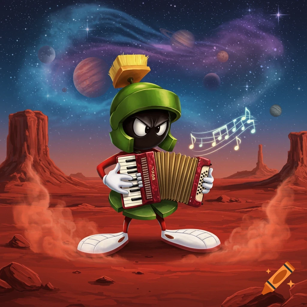 Marvin the Martian plays an accordion on a red Martian landscape under a vibrant galaxy sky with planets, in a cartoon illustration style.