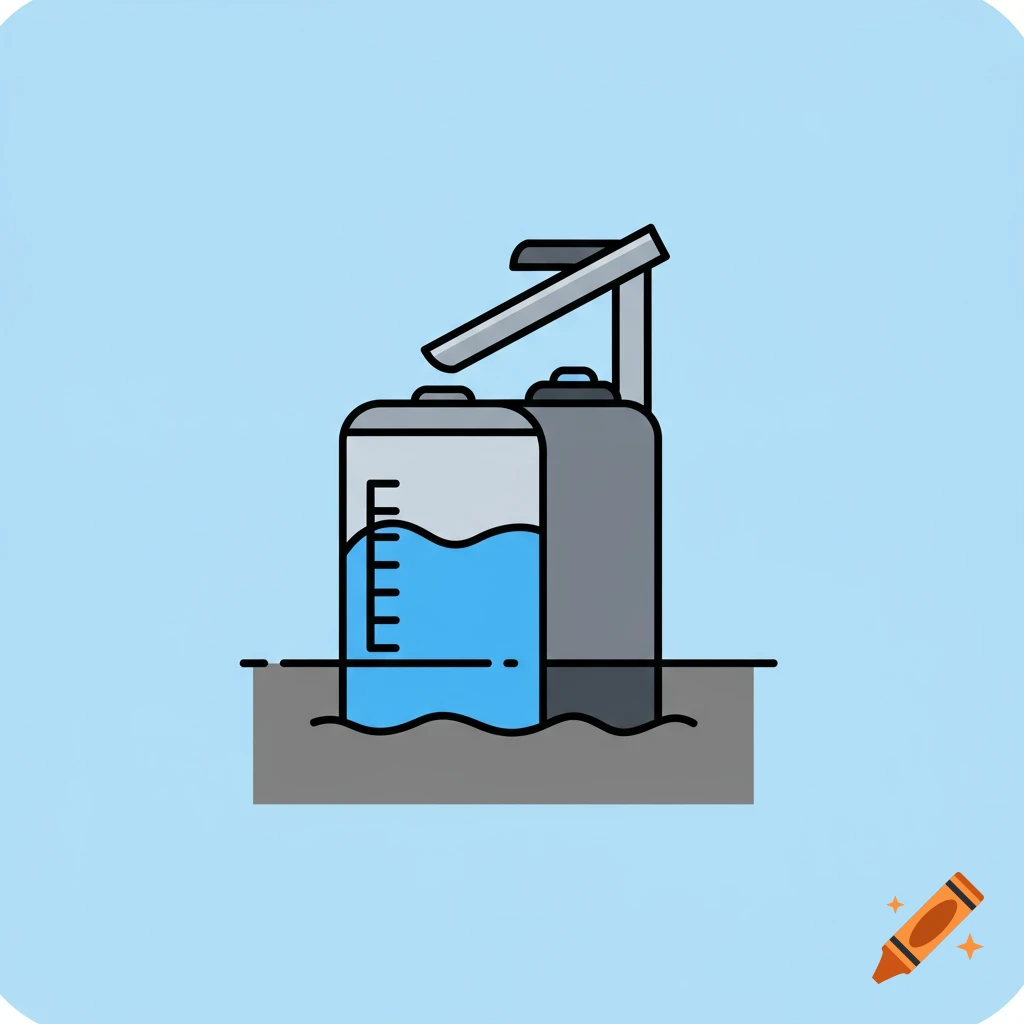 Minimalist flat design icon of a cistern with blue water, a level indicator, and a pump.