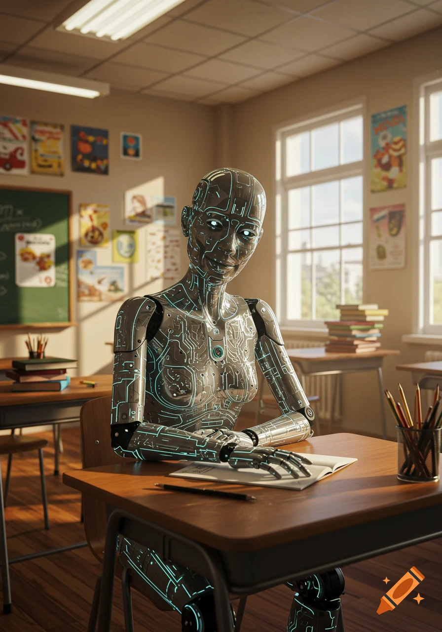 A metallic robot with glowing blue circuit patterns sits at a wooden desk in a sunlit classroom, looking forward with a slight smile. A notebook and pencil are on the desk.