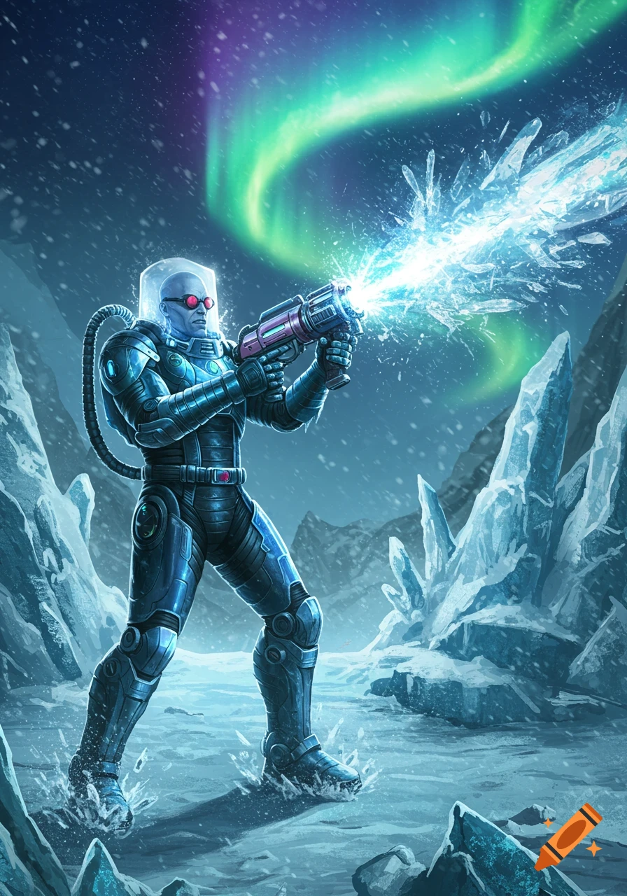 Mr. Freeze in a blue suit and helmet fires his freeze ray in an icy, snowy landscape under the aurora borealis, comic book style.