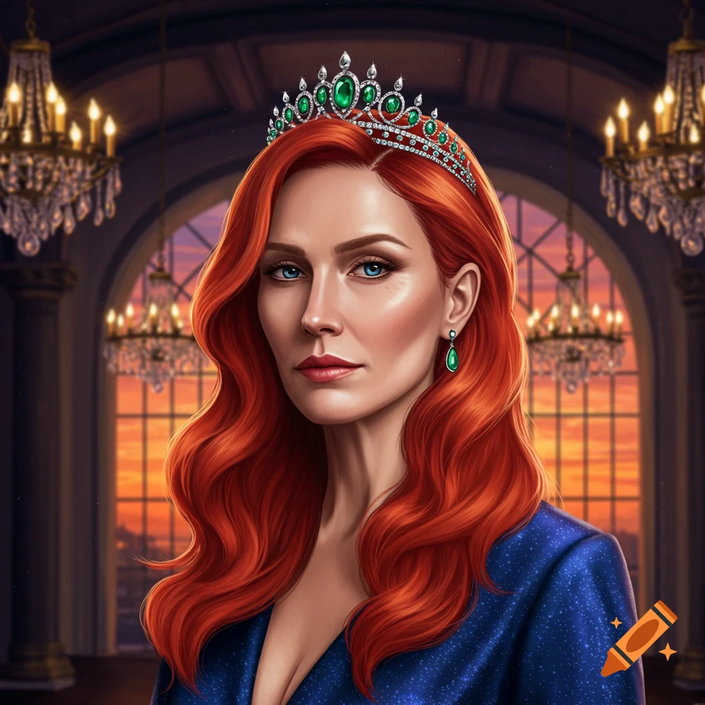 A red-haired woman with blue eyes wears an emerald tiara and matching earrings in a grand hall with chandeliers and arched windows showing a sunset.