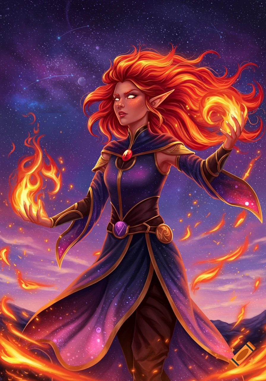 A fire elf sorceress with flowing red hair and glowing eyes holds flames in her hands, against a cosmic night sky.