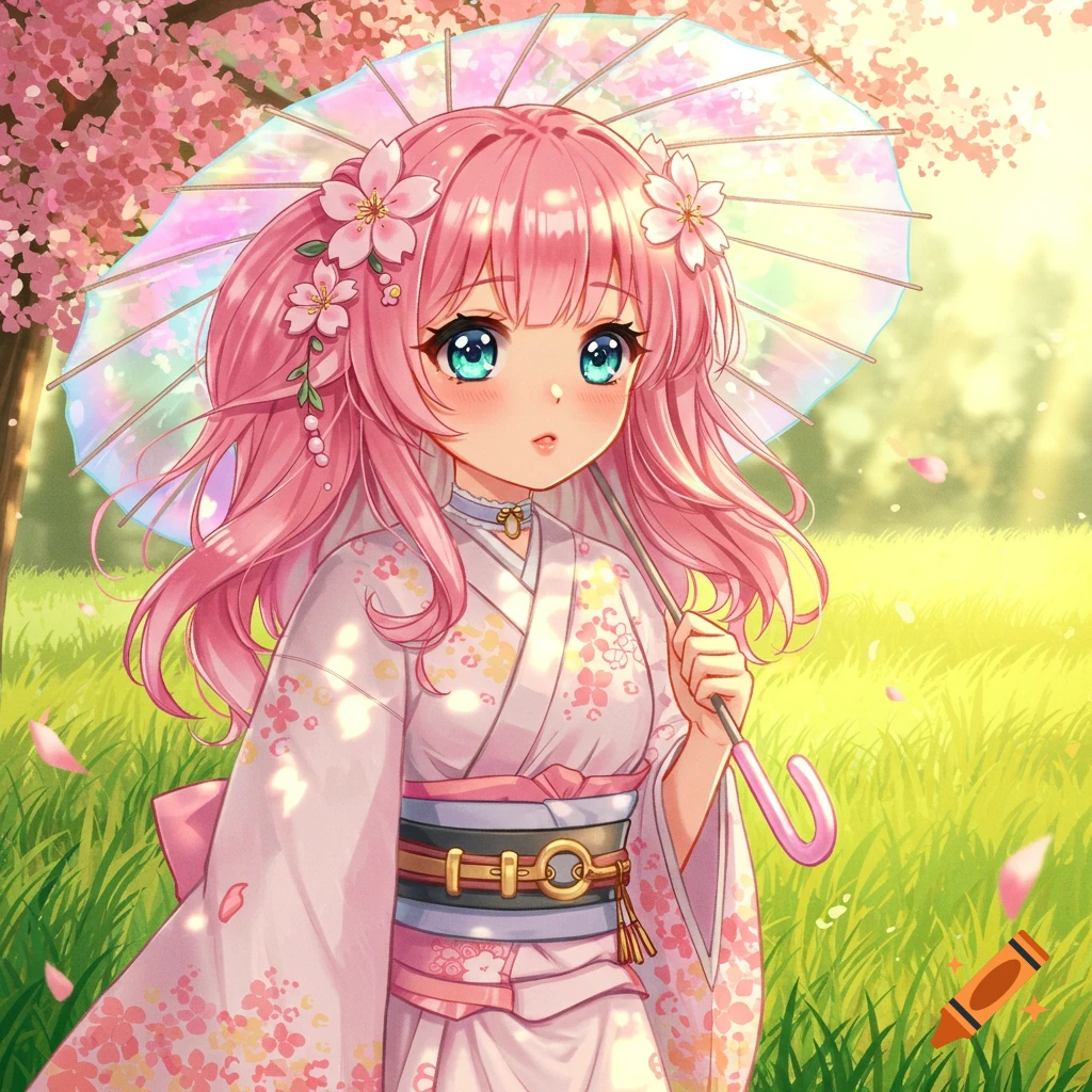 An anime girl with pink hair, wearing a white and pink floral kimono, stands under a cherry blossom tree, holding a holographic umbrella.