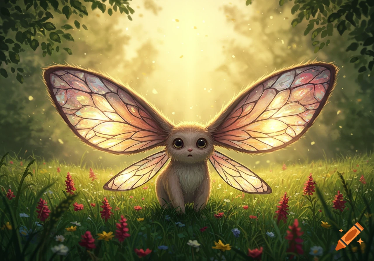 A fluffy, cute fantasy creature with large, iridescent wings and big eyes sits in a sunny meadow among wildflowers. Digital art.