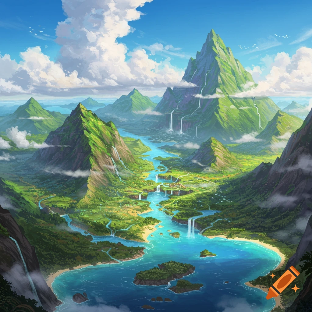 A vibrant, stylized fantasy landscape with lush green mountains, winding rivers and waterfalls, flowing into a blue bay with small islands.