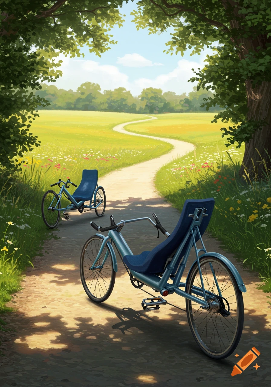 Two recumbent bicycles parked on a winding dirt path in a sunny green field with trees.