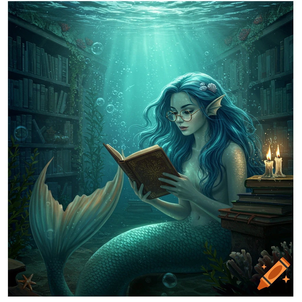 A photorealistic image of a mermaid with blue hair and glasses reading a book by candlelight in an underwater library.