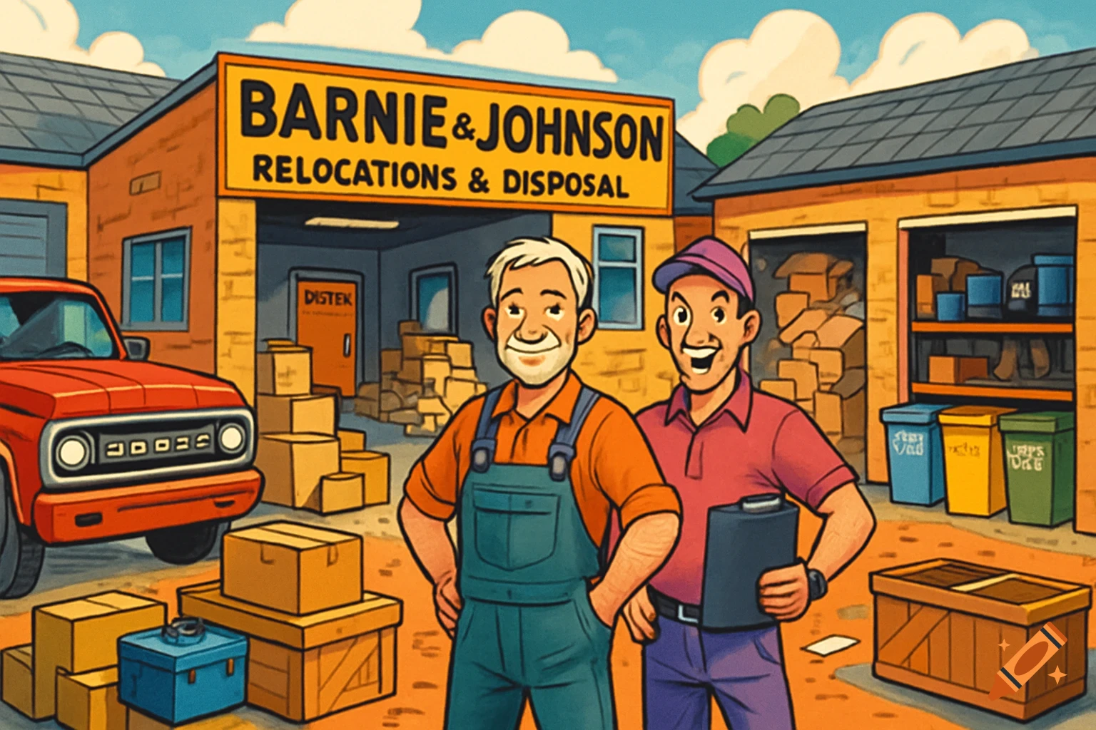 Two men, Barnie and Johnson, stand in front of their moving and disposal company in a comic style. A red truck is parked nearby, with moving boxes and bins scattered around.