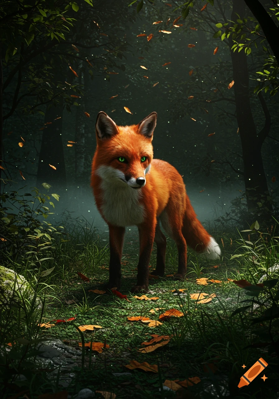 A photorealistic red fox with glowing green eyes stands in a dark, mysterious forest with falling leaves and light specks.