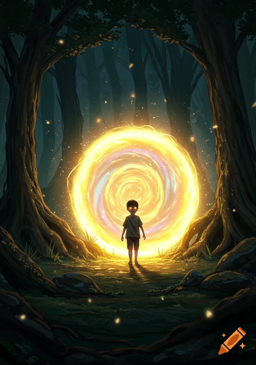 A boy with glowing eyes stands before a luminous swirling portal in a dark forest, surrounded by tall trees and dappled light.