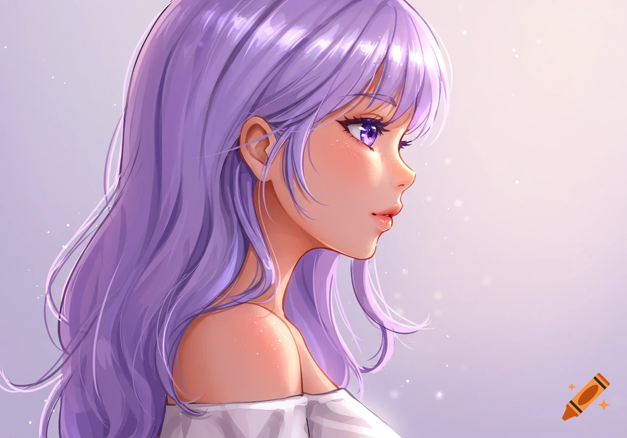 Anime girl with lavender wavy hair and purple eyes, in profile view, wearing an off-shoulder top with soft lighting.