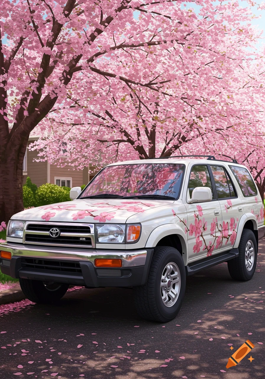A white 1997 4Runner with pink cherry blossom decals parked under blooming cherry trees with petals on the ground.