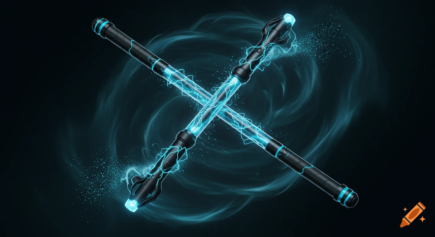 Two glowing black and blue futuristic staffs crossed, emitting electrical energy against a swirling blue background.