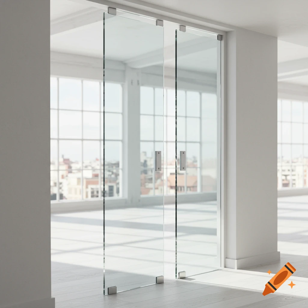 Photorealistic image of two modern hinged glass doors in a bright, minimalist room with large windows overlooking a city.