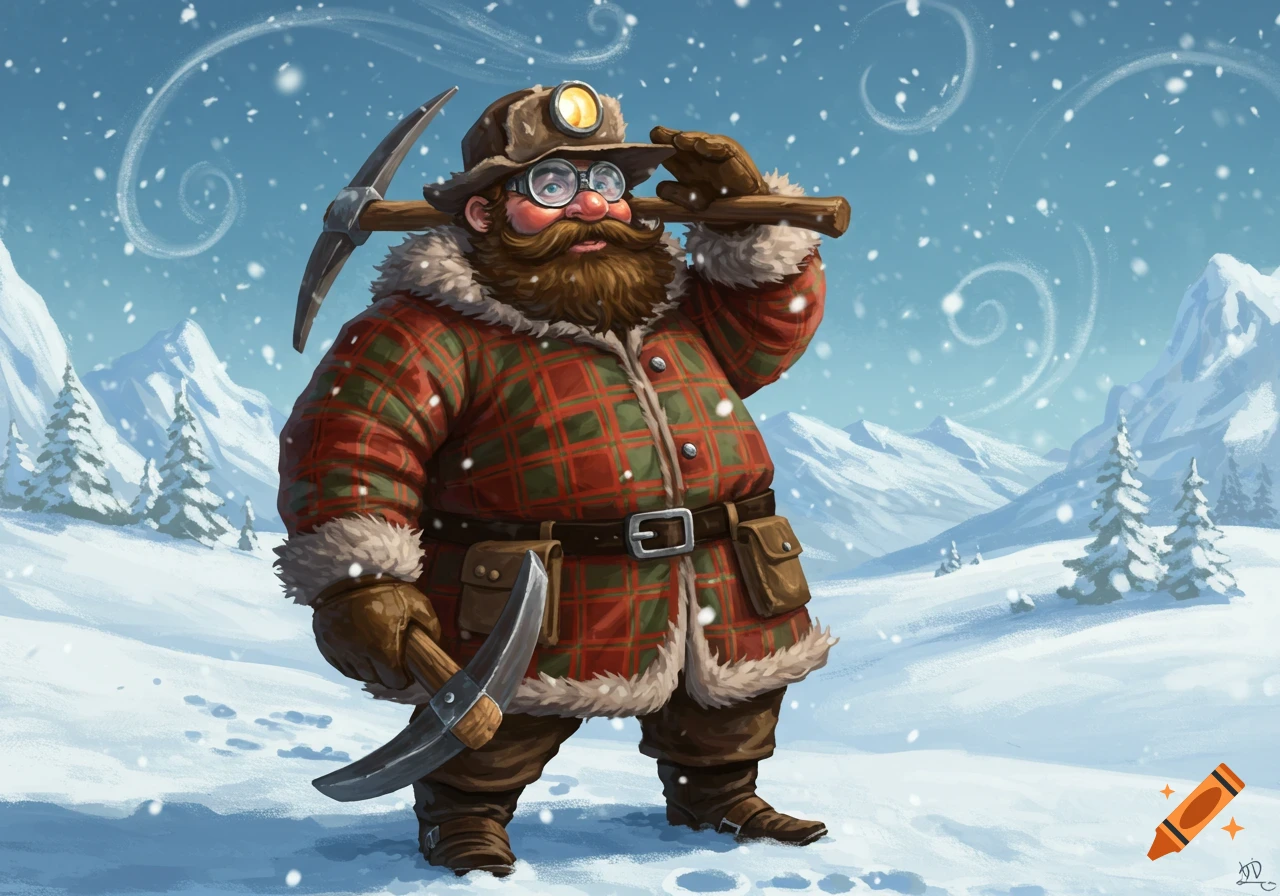 A stylized illustration of a heavily bearded man resembling Yukon Cornelius, dressed in plaid, holding pickaxes in a snowy mountain landscape.