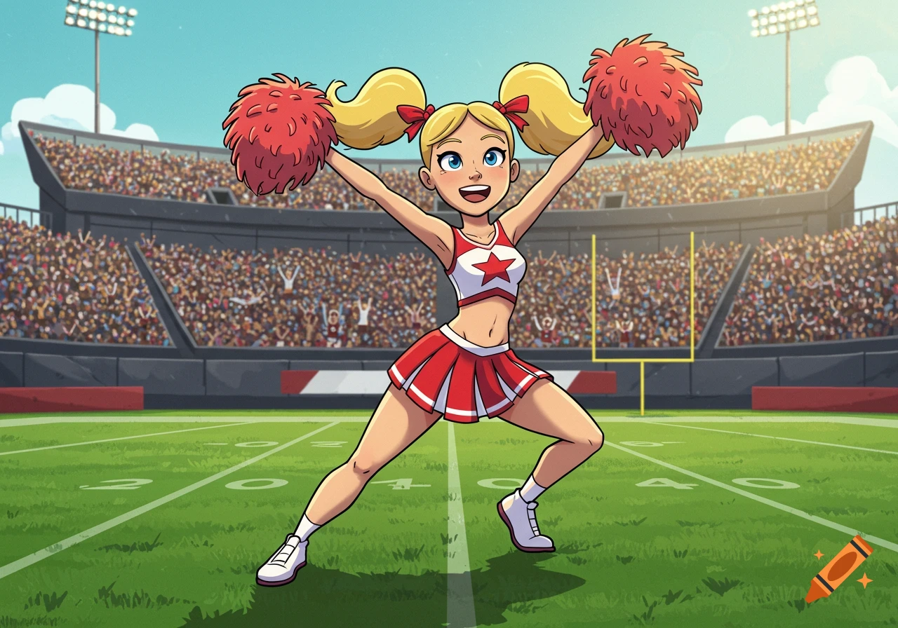 A cartoon blonde cheerleader in pigtails and a red and white uniform holds pom-poms in a football stadium.