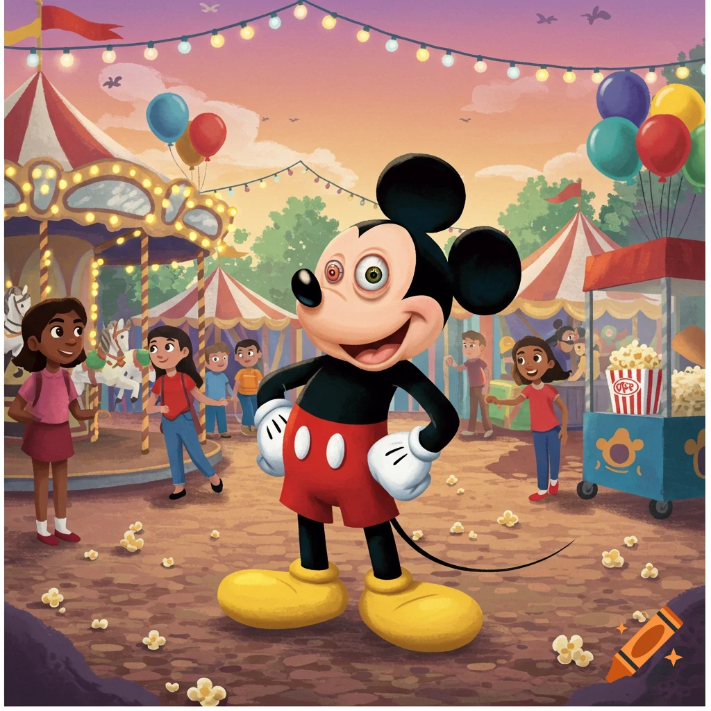 Mickey Mouse with one large, bloodshot eye stands at a colorful carnival with children, a carousel, tents, and a popcorn cart.