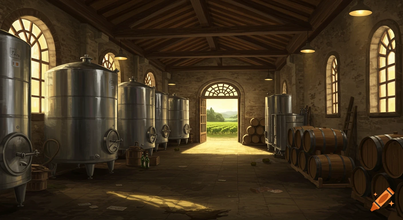 Interior of a wine cellar with metal tanks and wooden barrels, sunlight from an arched doorway reveals a vineyard outside, painterly style.