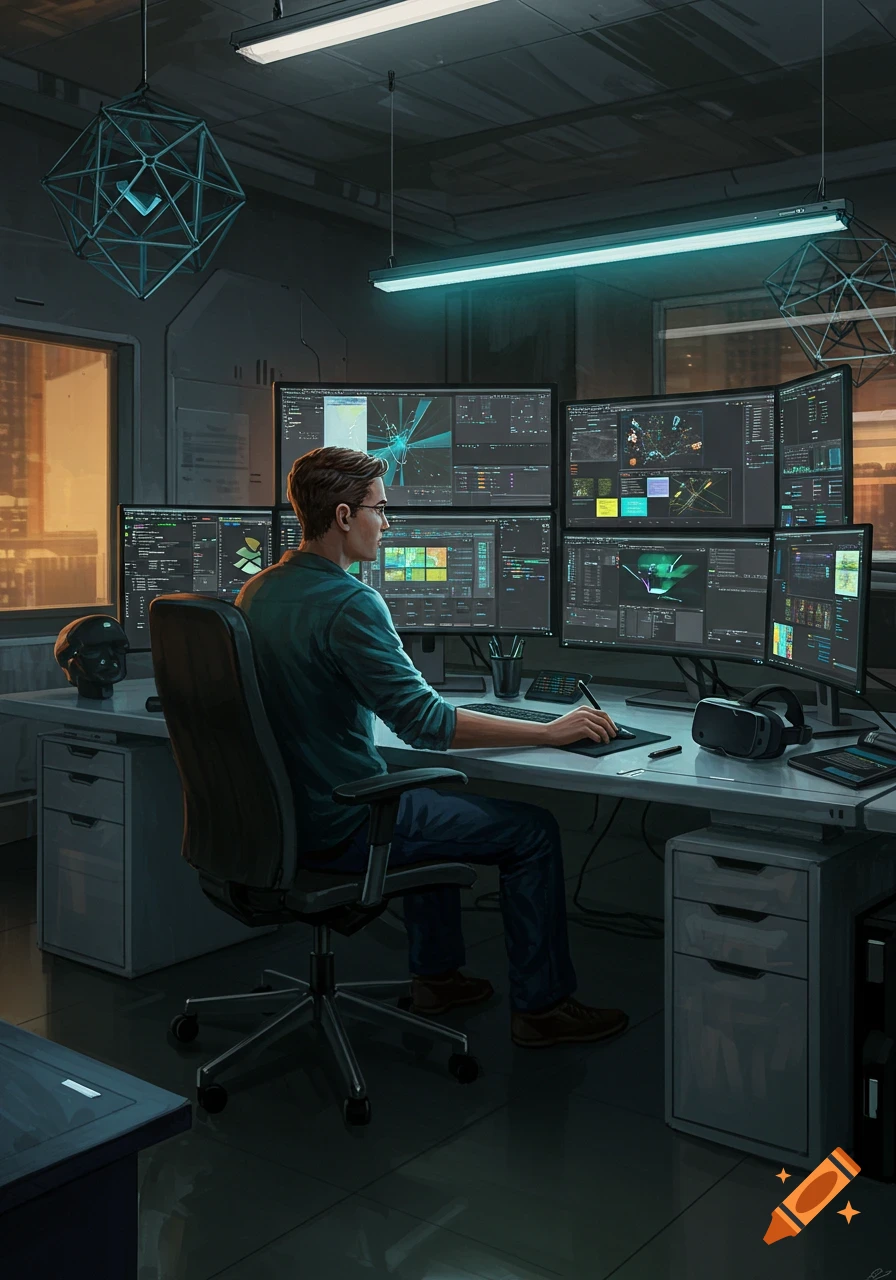 A man in glasses works at a desk with multiple glowing computer monitors displaying code and graphics, in a dark, futuristic office.