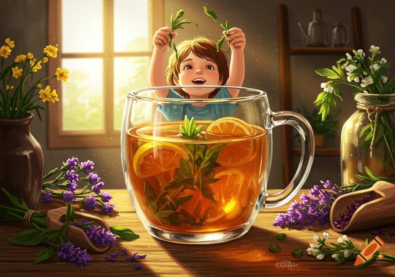 A whimsical illustration of a smiling child adding herbs to a large glass of tea with lemon slices, surrounded by plants and flowers.