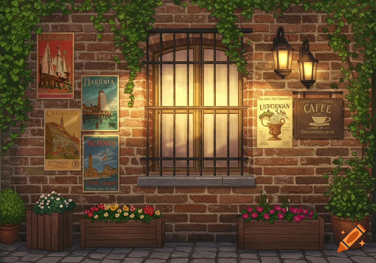 An illustration of a brick cafe wall with a barred window, two lanterns, ivy, flower boxes, and several travel-style posters and a "CAFFE" sign.