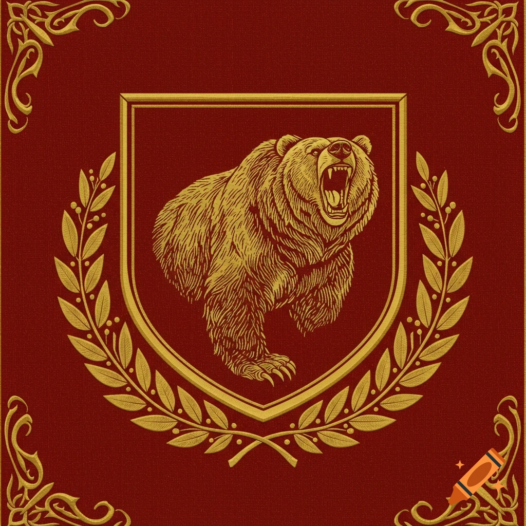 Gold bear on a red heraldic crest with intricate gold leaf and scroll border details, digital illustration.