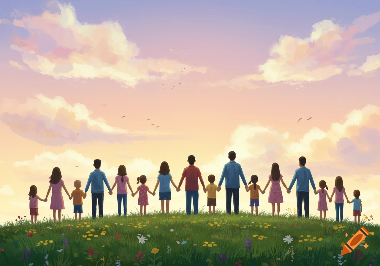 An illustrated group of diverse adults and children holding hands on a grassy hill, facing a beautiful pastel sunset sky.