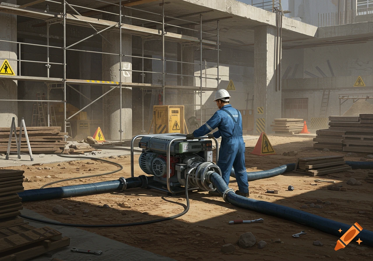 A worker in blue overalls and a white hard hat operates a pump on a dusty construction site with scaffolding and hazard signs.