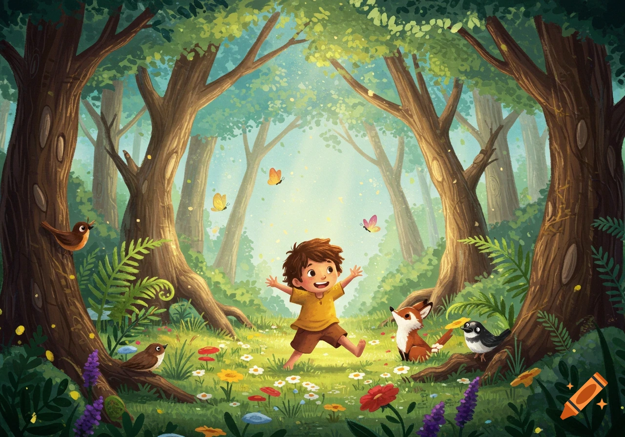 A joyful child playing barefoot in a lush, magical forest with butterflies, birds, and a fox, in a vibrant illustration style.