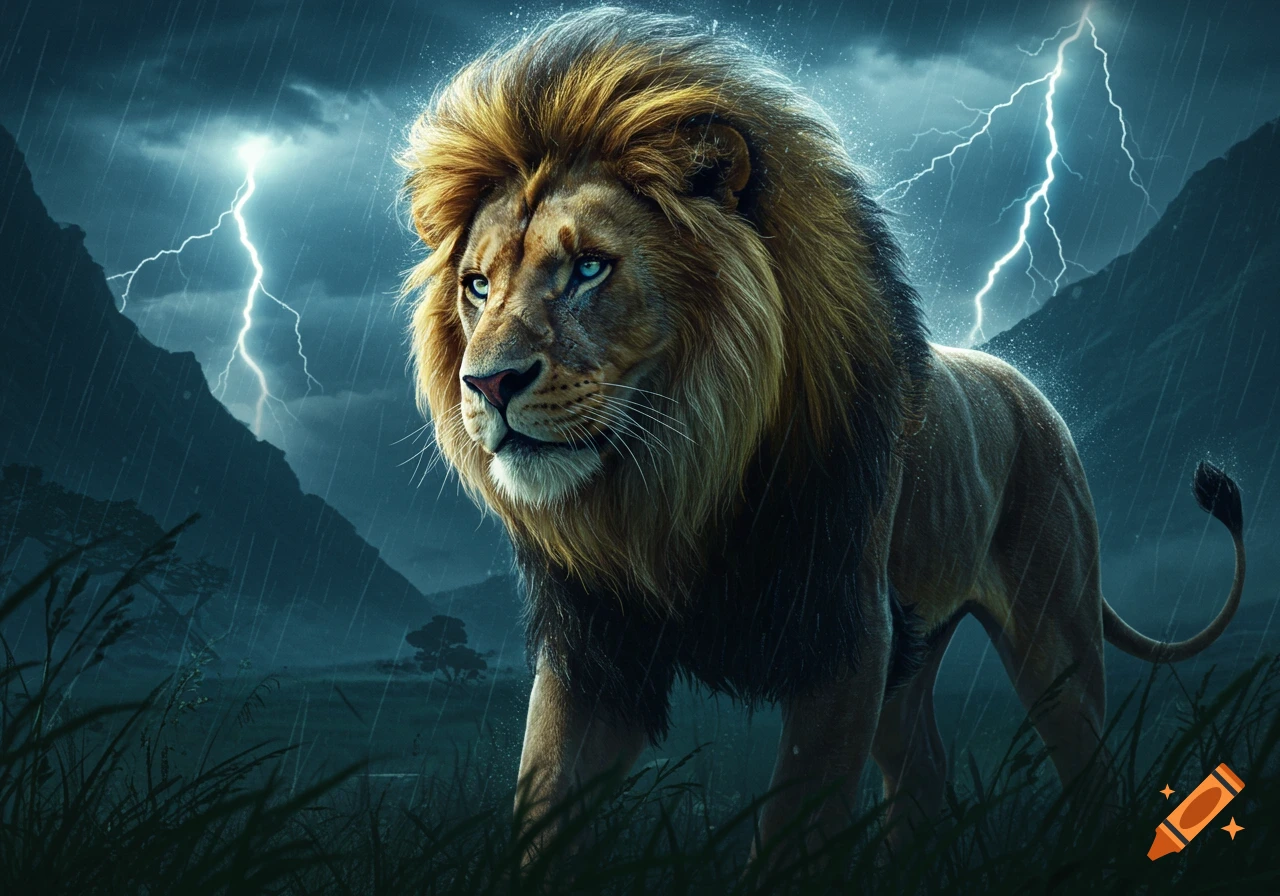 A majestic lion with glowing blue eyes stands in a stormy, rainy landscape with lightning striking mountains.