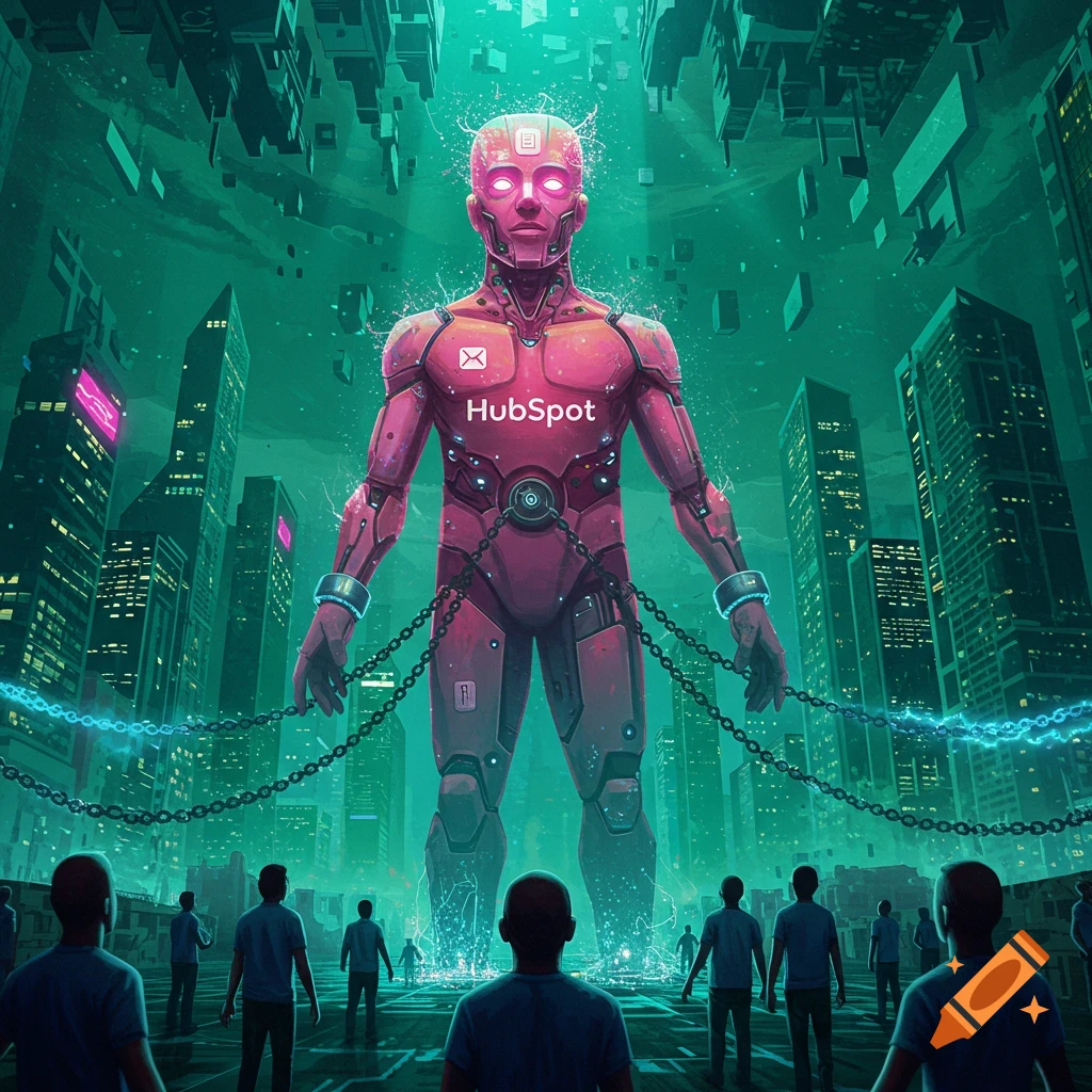 Giant red robot with 'HubSpot' logo, chained in a futuristic green-hued city, observed by small humans. Sci-fi digital art.
