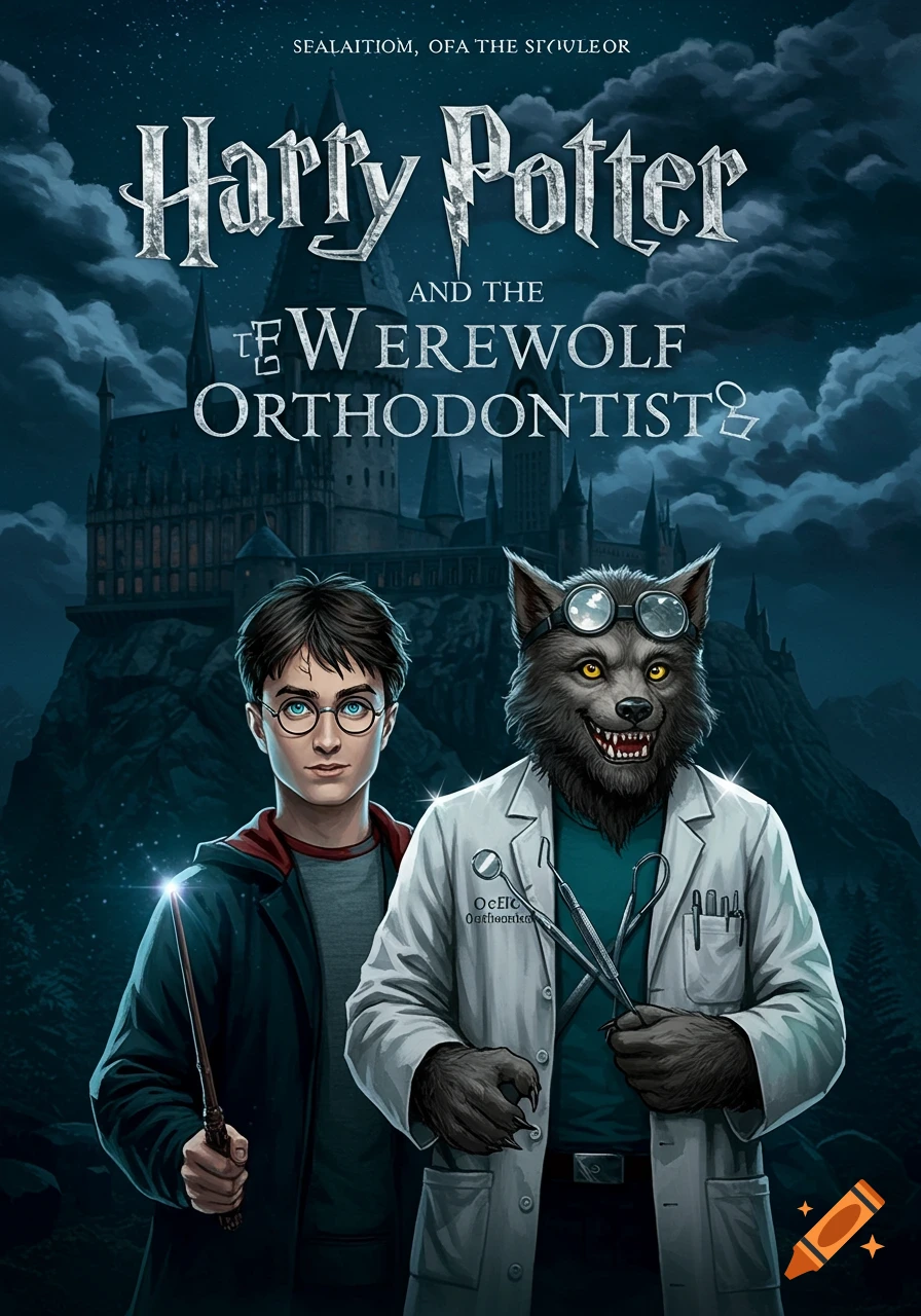 A dark, stylized book cover features Harry Potter with his wand alongside a werewolf in a lab coat holding dental tools, with Hogwarts castle in the background under a cloudy, star-filled night sky.